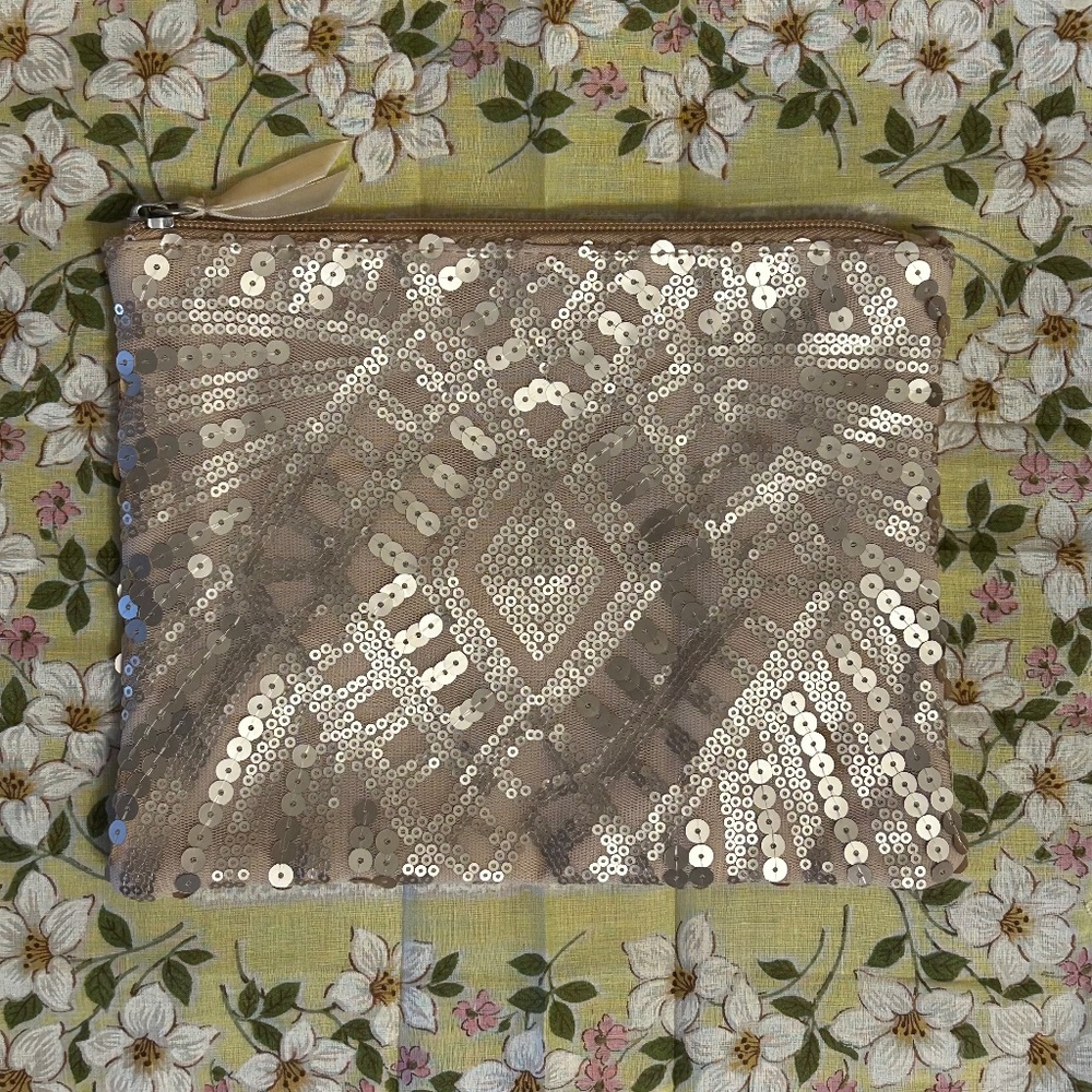 NWT Allegro Makeup Cosmetic Bag Flapper Girl Travel Sequins Champagne Rose Gold